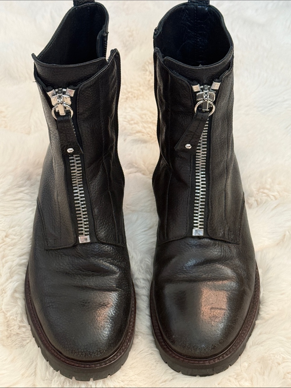 Black Front-Zip Leather Combat Boots
